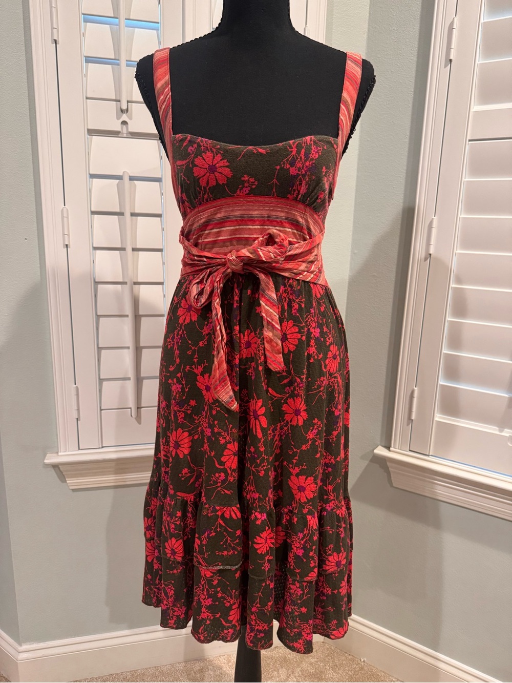 Free People Brown Midi Dress with Pink Floral Print and Striped Sash
